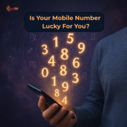 Person holding a mobile phone with floating numbers and cosmic background, representing numerology and lucky number check