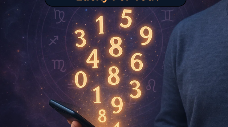 Person holding a mobile phone with floating numbers and cosmic background, representing numerology and lucky number check