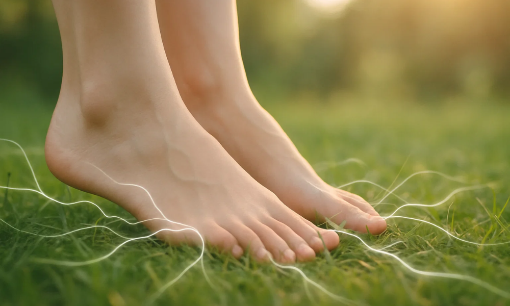 Barefoot person standing on grass with subtle energy waves connecting to the Earth, symbolizing Zero Volt Therapy.