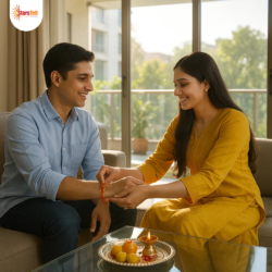 A sister in a suit salwar ties rakhi on her brother's right hand as they sit on a couch in their modern living room, with a festive thali beside her and soft morning sunlight pouring in through a large glass slider door.