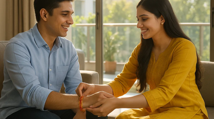 A sister in a suit salwar ties rakhi on her brother's right hand as they sit on a couch in their modern living room, with a festive thali beside her and soft morning sunlight pouring in through a large glass slider door.