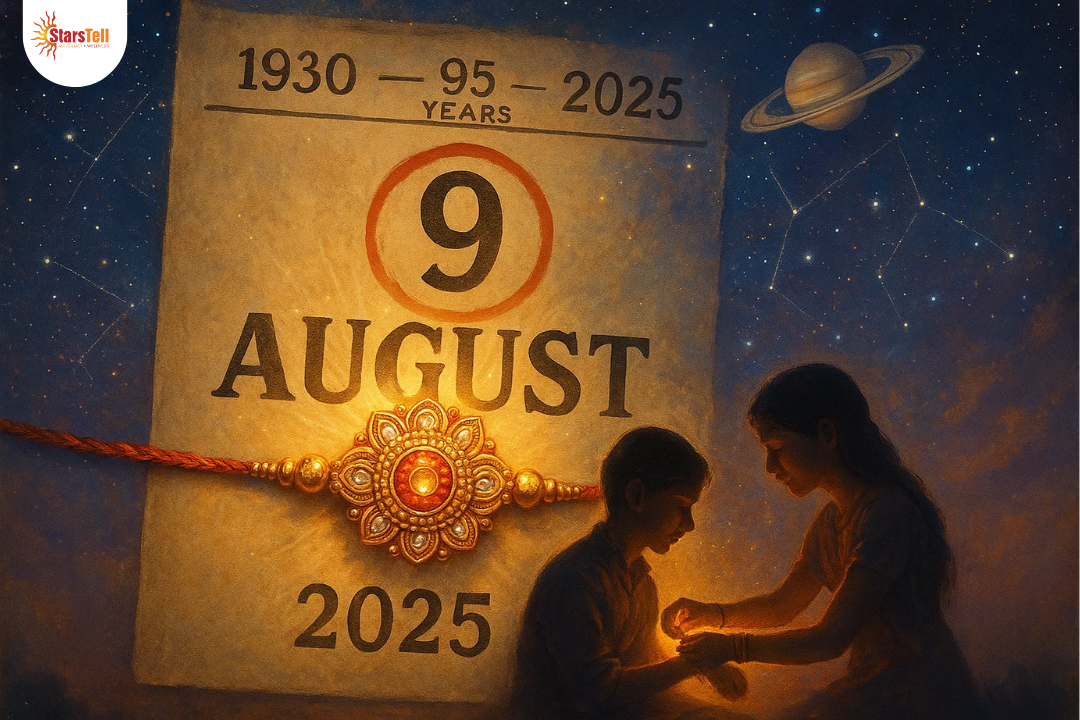 A Raksha Bandhan banner featuring a glowing rakhi, a vintage calendar showing 9 August 2025 with “95 years” marked, and a night sky filled with planets and constellations representing rare astrological alignment.
