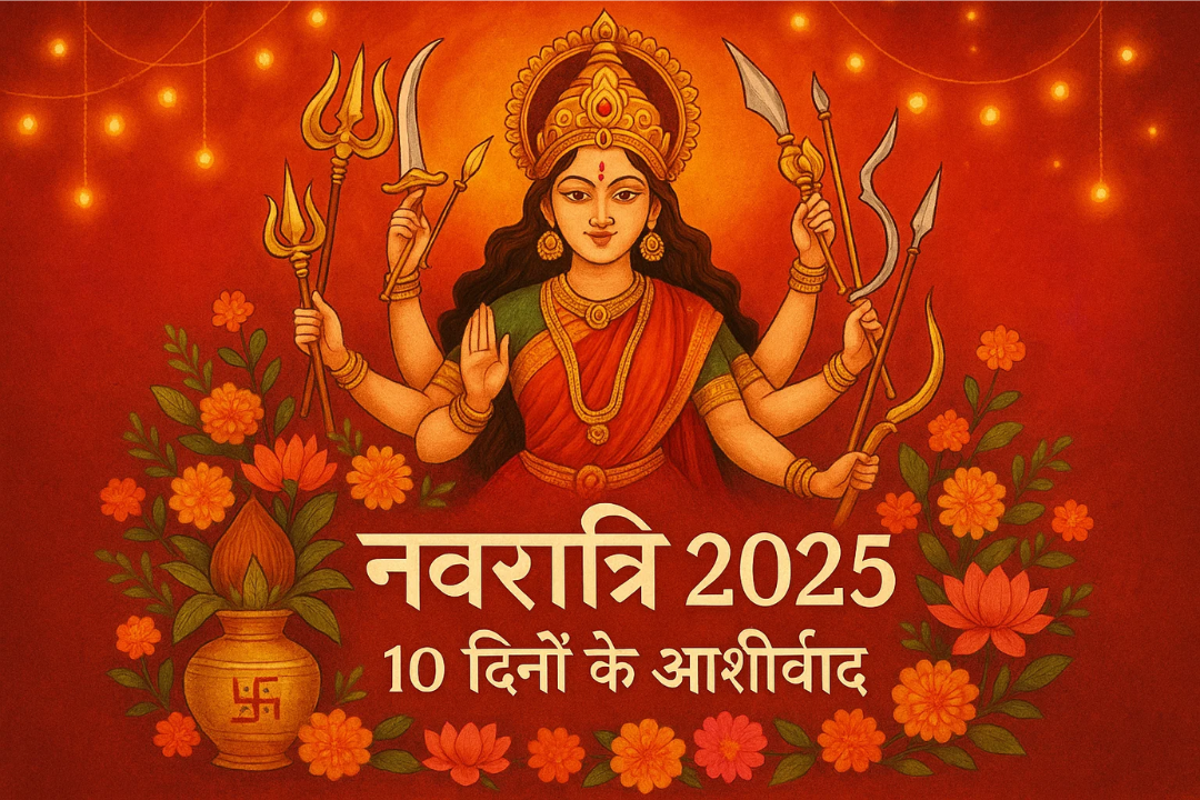 Maa Durga holding her weapons surrounded by festive flowers, kalash, and lights representing 10 days of Navratri 2025