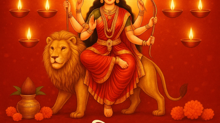 Maa Durga seated on a lion with 10 glowing diyas around her representing 10 days of Navratri 2025