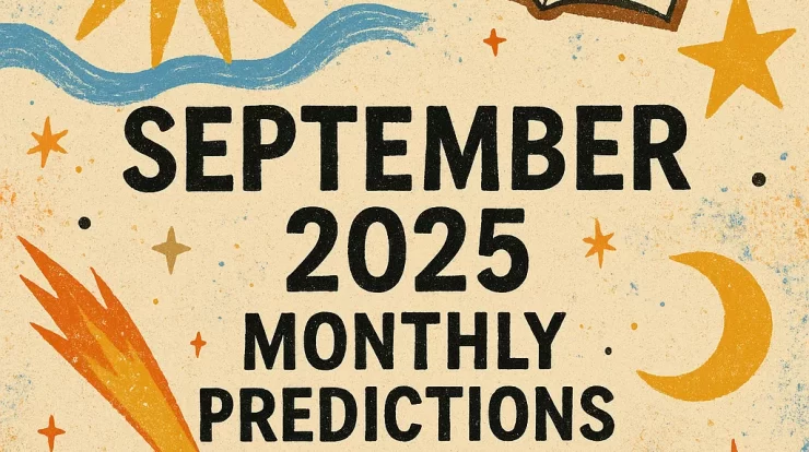 Illustrated poster with sun, moon, stars, comet, and an open book featuring the text "September 2025 Monthly Predictions.