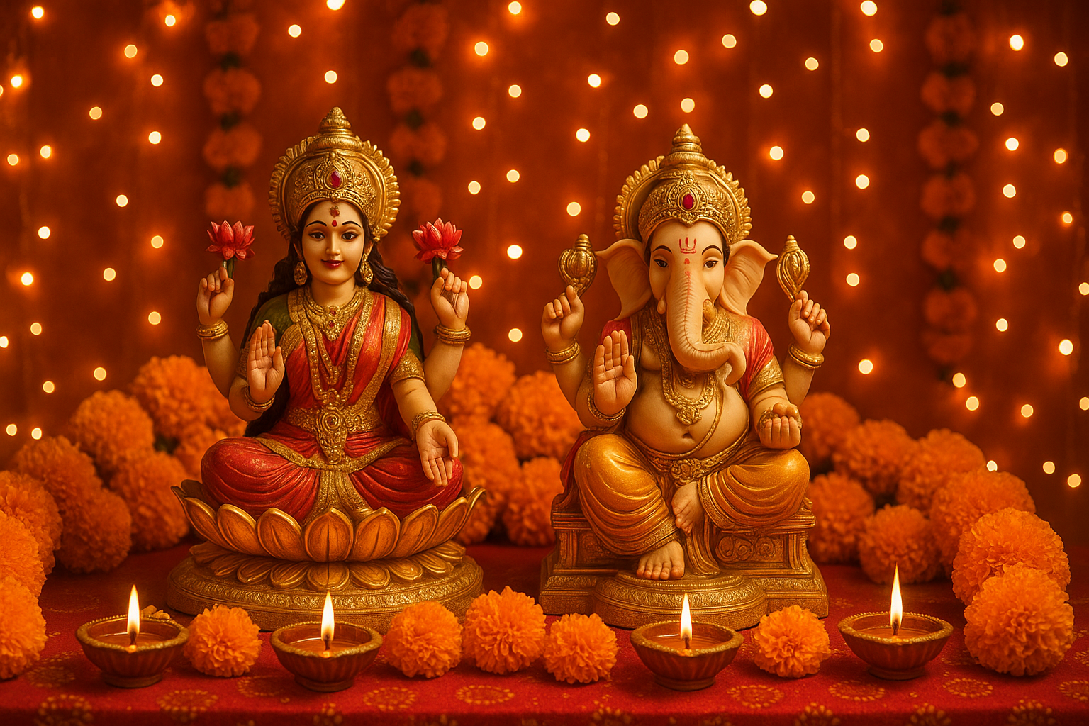 Goddess Lakshmi and Lord Ganesha idols on a decorated Diwali altar, surrounded by marigold flowers, diyas, and sparkling lights.