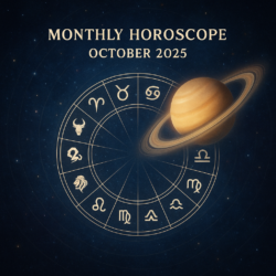 A zodiac wheel showing all 12 zodiac signs with Saturn hovering above, radiating a soft cosmic glow. Include symbols for Aries, Taurus, Gemini, Cancer, Leo, Virgo, Libra, Scorpio, Sagittarius, Capricorn, Aquarius, Pisces. Background: starry night sky with faint planetary orbits, mystical and spiritual vibe, highlighting Saturn’s influence over all signs