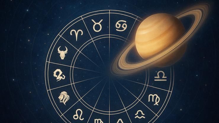A zodiac wheel showing all 12 zodiac signs with Saturn hovering above, radiating a soft cosmic glow. Include symbols for Aries, Taurus, Gemini, Cancer, Leo, Virgo, Libra, Scorpio, Sagittarius, Capricorn, Aquarius, Pisces. Background: starry night sky with faint planetary orbits, mystical and spiritual vibe, highlighting Saturn’s influence over all signs