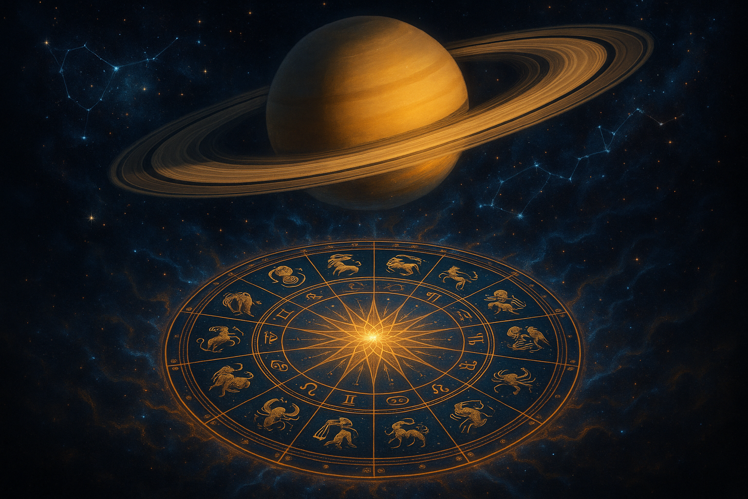A radiant zodiac wheel illuminated beneath Saturn’s rings, surrounded by stars and constellations, representing Saturn’s astrological impact on all signs in October 2025.