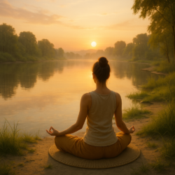 Woman meditating at sunrise by the river in Rishikesh