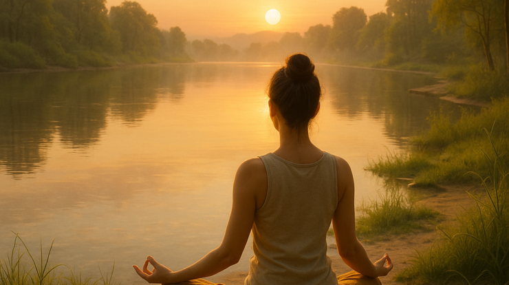 Woman meditating at sunrise by the river in Rishikesh