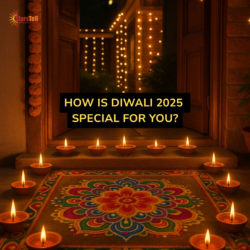Glowing diyas on a decorated doorway with colorful rangoli, festive lights outside a home, creating a warm Diwali 2025 atmosphere.