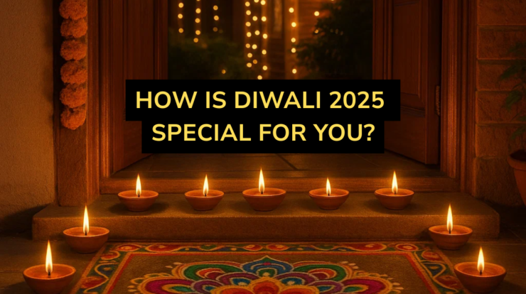 Glowing diyas on a decorated doorway with colorful rangoli, festive lights outside a home, creating a warm Diwali 2025 atmosphere.