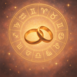 Golden wedding rings glowing at the center of a zodiac circle, symbolizing astrological guidance for marriage.