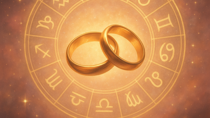 Golden wedding rings glowing at the center of a zodiac circle, symbolizing astrological guidance for marriage.
