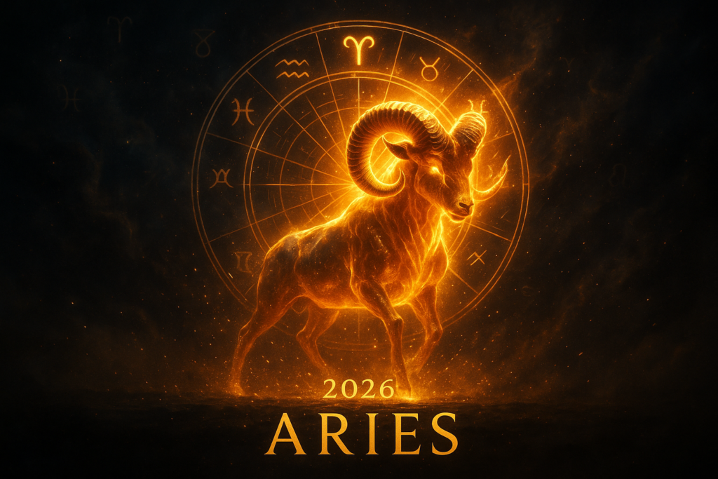 Golden cosmic Aries ram emerging with fiery horns and a glowing zodiac wheel for 2026 horoscope.