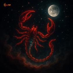 Cosmic Scorpio scorpion made of red and green stardust under glowing constellation.