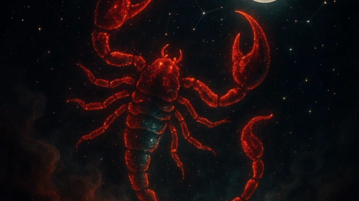 Cosmic Scorpio scorpion made of red and green stardust under glowing constellation.