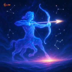 Cosmic Sagittarius archer made of blue and purple stardust aiming an illuminated arrow.