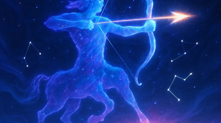 Cosmic Sagittarius archer made of blue and purple stardust aiming an illuminated arrow.