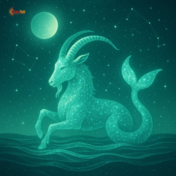 Cosmic Capricorn sea-goat made of emerald and aqua stardust with glowing constellation.