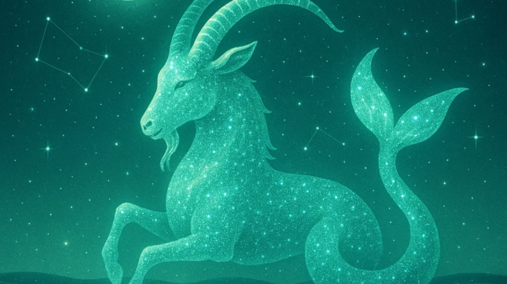 Cosmic Capricorn sea-goat made of emerald and aqua stardust with glowing constellation.