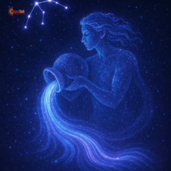 Cosmic Aquarius water-bearer made of blue and violet stardust pouring celestial light.