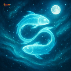 Cosmic Pisces twin-fish symbol made of blue and green stardust with glowing constellations.
