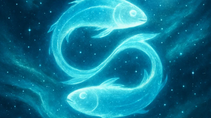 Cosmic Pisces twin-fish symbol made of blue and green stardust with glowing constellations.