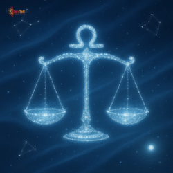 Cosmic Libra scale made of blue-silver stardust with glowing constellation.