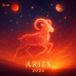 Fiery Aries ram silhouette with constellations and glowing red cosmic light for 2026 horoscope.