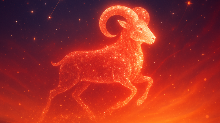 Fiery Aries ram silhouette with constellations and glowing red cosmic light for 2026 horoscope.