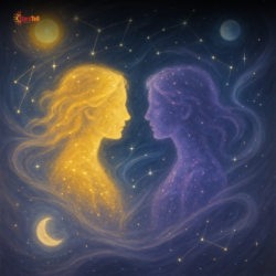 Cosmic Gemini twin silhouettes made of glowing stardust with yellow-purple celestial light.