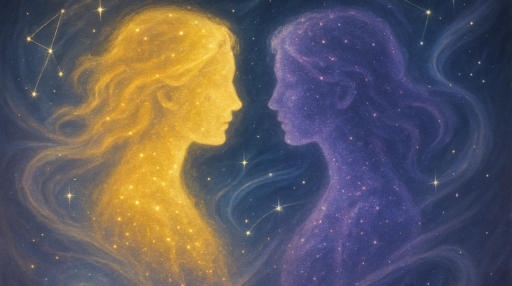 Cosmic Gemini twin silhouettes made of glowing stardust with yellow-purple celestial light.