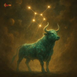 Cosmic Taurus bull made of green-blue stardust with glowing constellation in the background.