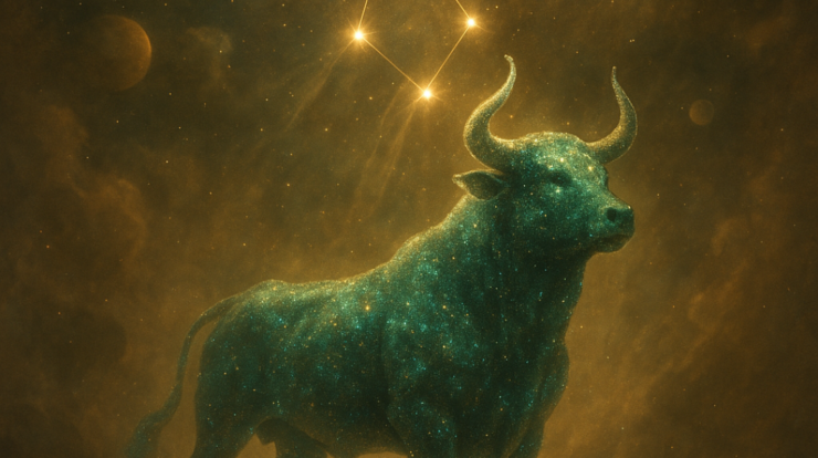 Cosmic Taurus bull made of green-blue stardust with glowing constellation in the background.