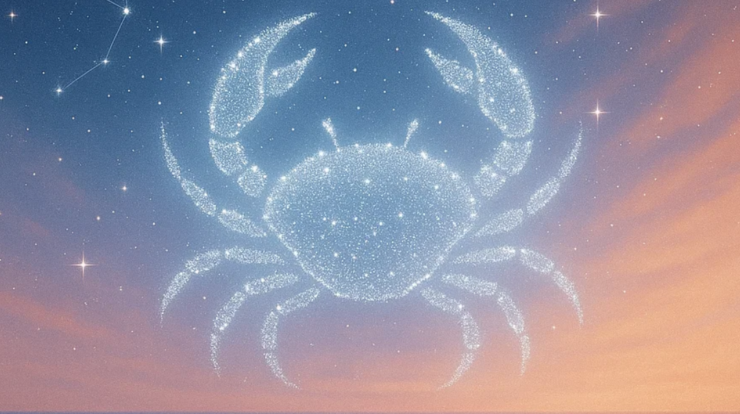2026 Yearly Horoscope for Cancer cosmic crab with stardust and glowing Cancer constellation