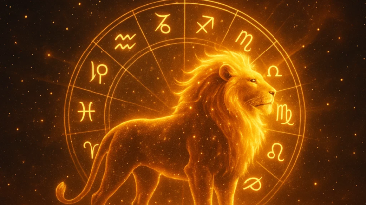 2026 Yearly Horoscope for Leo golden cosmic lion with glowing zodiac wheel.