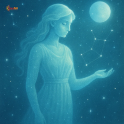 Cosmic Virgo maiden formed from blue-green stardust with glowing constellation.