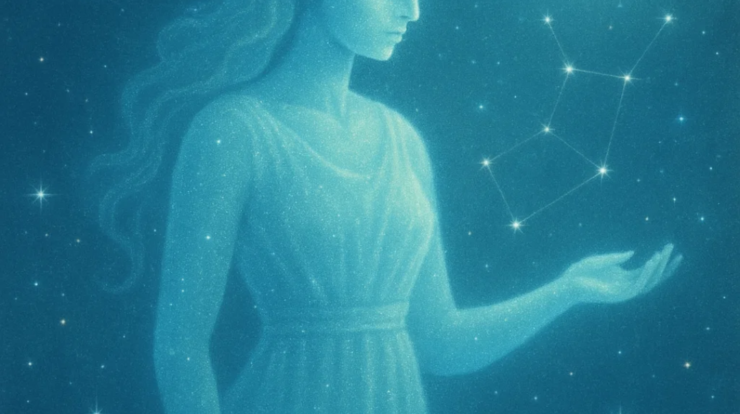 Cosmic Virgo maiden formed from blue-green stardust with glowing constellation.