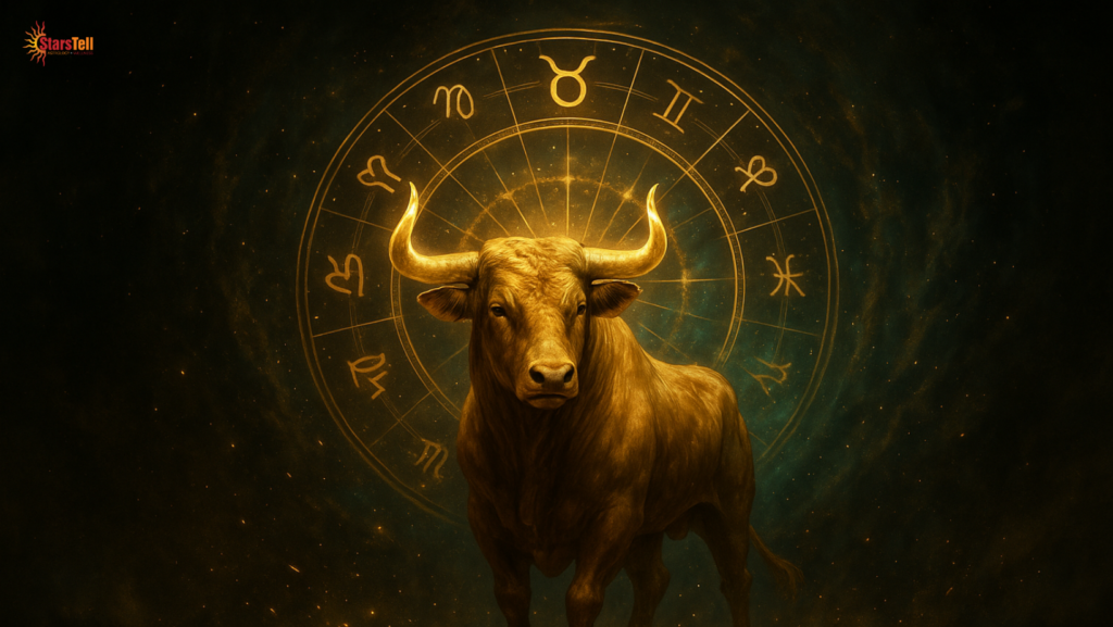 Golden Taurus bull emerging with cosmic light and a glowing zodiac wheel for 2026 horoscope.