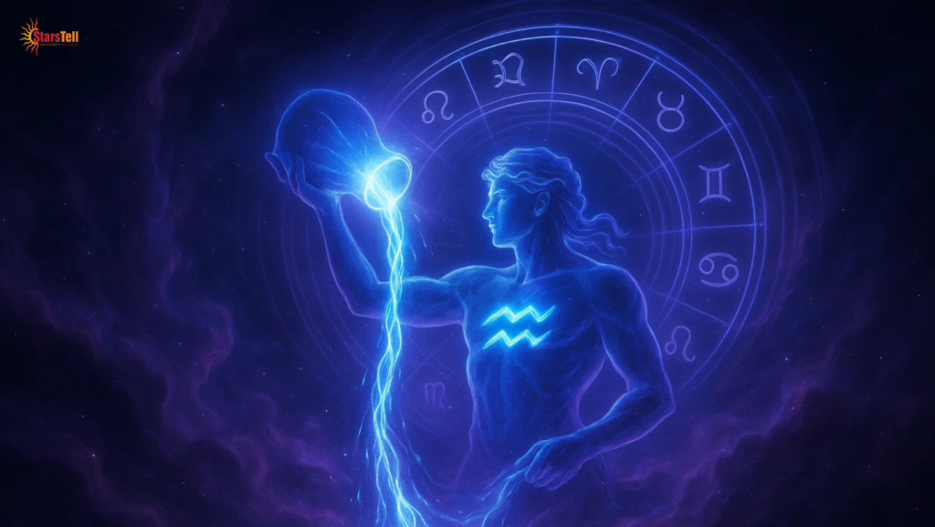 Majestic cosmic Aquarius water-bearer with glowing vessel and zodiac wheel.