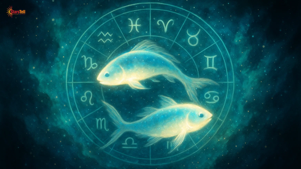 Majestic Pisces twin-fish gliding through a teal nebula with glowing zodiac wheel.