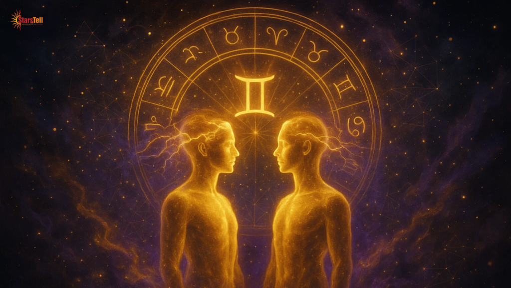 Golden Gemini twins emerging from a cosmic nebula with a glowing zodiac wheel.
