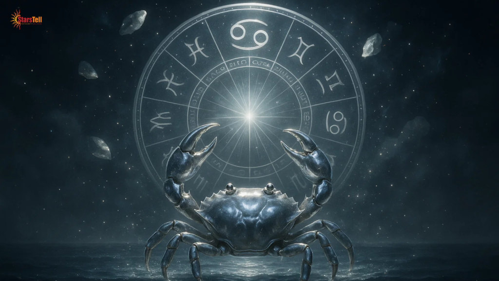 2026 Yearly Horoscope for Cancer premium cosmic crab with glowing zodiac wheel.