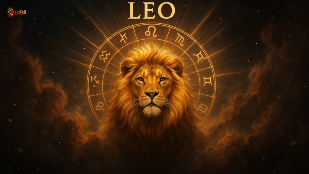 2026 Yearly Horoscope for Leo majestic golden lion emerging from cosmic nebula