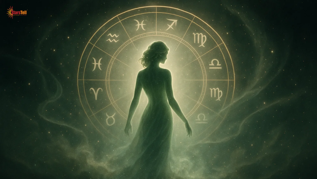 Elegant cosmic Virgo maiden rising from shimmering nebula with zodiac wheel.