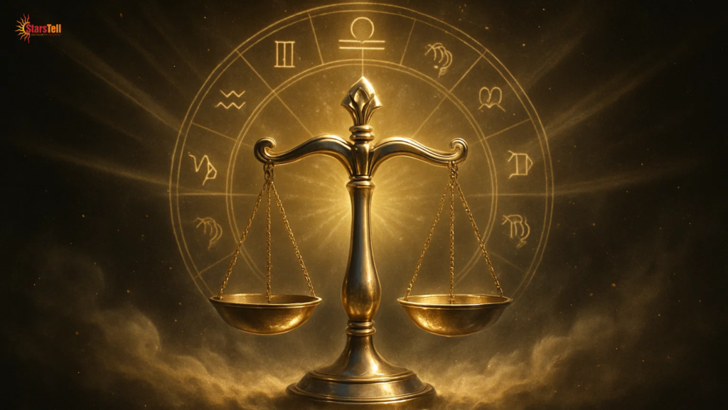 Elegant Libra scale emerging from cosmic nebula with glowing zodiac wheel.