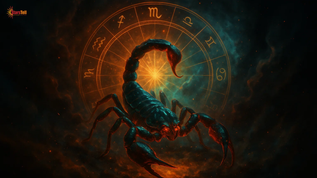 Majestic glowing Scorpio scorpion emerging from cosmic nebula with zodiac wheel.