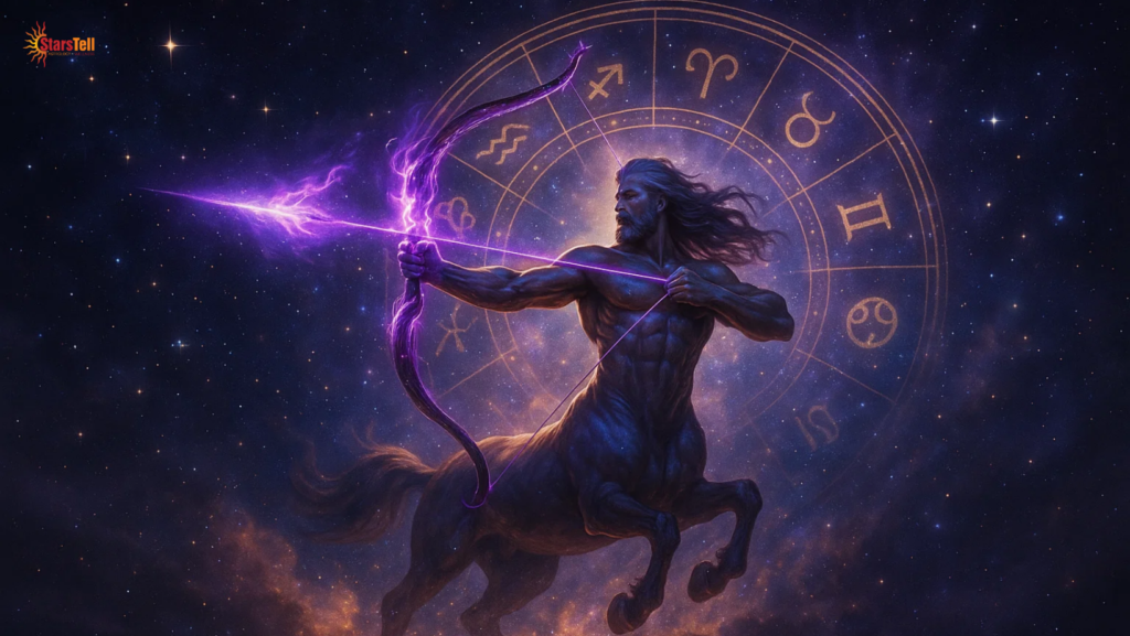 Majestic cosmic Sagittarius centaur with a glowing purple bow and zodiac wheel.